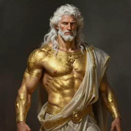 painted portrait of ruggedly handsome frogman, [ [ gold paint smeared on torso ] ] greek god by greg rutkowski craig mullins artgerm white hair muscular masculine manly mature flowing robe greek motifs fantasy intricate elegant detailed digital painting concept art artstation sharp focus illustration