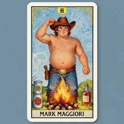 an ethereal, serene symmetrical tarot card painting of a shirtless handsome goofy cowboy with a heavyset build and beer belly | background is a serene campfire | cans of beans and jugs of whisky | tarot card, art deco, art nouveau | by Mark Maggiori | trending on artstation