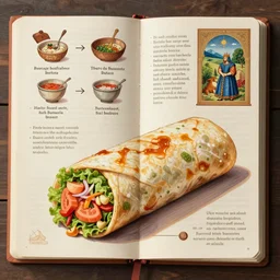 middle age illustrated recipe for burrito ( ( ( ( burrito ) ) ) ) lot of medieval enluminures in the background explaining the recipe, schematic in a notebook