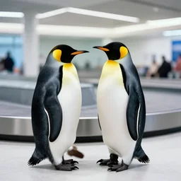 two penguins in baggage claim area, ektachrome,