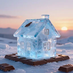 house made out of ice, landscape made out of chocolate, dawn lighting, 4k high quality render, ray-tracing