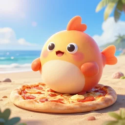 beautiful digital fantasy illustration of a pizza blobfish on the beach, hyper realistic render, ultra detailed, octane, 3 d, light shining through, by petros afshar and chiho aoshima