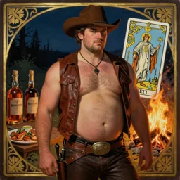 a dramatic, epic, ethereal painting of a handsome thicc barechested cowboy with a beer belly and an open leather vest | background is a late night campfire with food and jugs of whisky | homoerotic | tarot!! card, art deco, art nouveau | by Mark Maggiori | trending on artstation