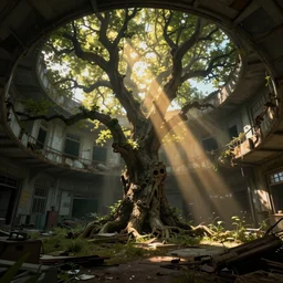 the interior of an old abandoned cyberpunk house an old oak tree grows inside the house golden rays of sunlight enter through the window digital art trending artstation