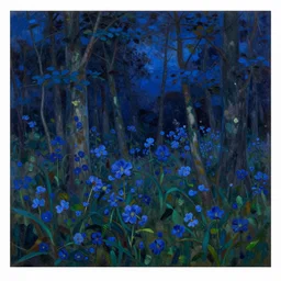 painterly dreamy background with trees, deep blue flowers and midnight sky by Mikhail Vrubel, dark fantasy, witcher 3, oil painting, masterpiece