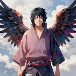 uchiha sasuke, wings, clouds in the background, beautiful abstract full body, center bottom frame, face symmetry, colorful spray paint splatters, expressive, abstract art, by greg rutkowski, by jeremy mann, by francoise nielly, 4 k, 8 k, correct body proportion, cinematic style