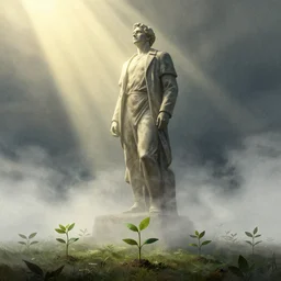 editorial illustration by karolis strautniekas and mads berg, towering statue of a man standing above by illustrated tiny saplings, fog, fine texture, detailed, muted colors, dramatic lighting, dynamic composition, vivid, matte print, wide angle, ( ( sunbeams ) ), moody