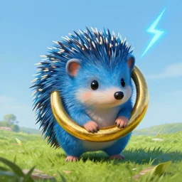 ( ( ( ( a cute blue hedgehog with gold big ring and blue lightning in green hill. ) ) ) ), gold ring!, blue fur, clear sky, extremely detailed, fantasy painting, by jean - baptiste monge!!!!