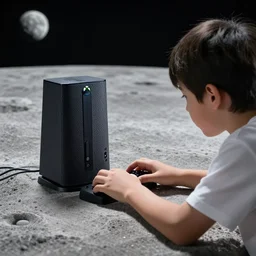 a boy playing Xbox on the surface of the moon, professional photography