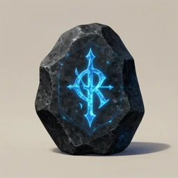 rpg illustration of a black magical stone, singular stone with glowing blue engraving on a neutral background