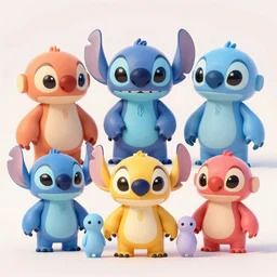 concept sheet of cute colorful 3 d family robot characters for kids assisting a concept machine style like lilo & stitch, big eyes, simple smooth shapes and forms, reflective like candy, masterpiece, award - winning, intricate concept art, 8 k, artstation
