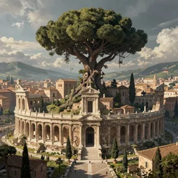 sprawling roman city built at the base of a collosal tree, wide shot, digital art, detailed, fantasy