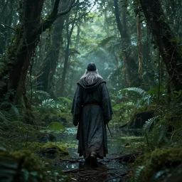 a wise wizard walking towards an ominous swamp in a densely overgrown, eerie jungle, fantasy, stopped in time, dreamlike light incidence, ultra realistic