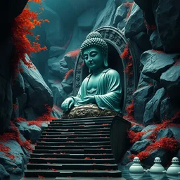 a gorgeous bleak autumn painting by barlowe wayne, maxfield parrish, gustave dore and marco mazzoni. close - up shot on a lonely huge wet chinese buddha statue, broken, stone gate to the dark cave, vines. tiffany blue, maroon, blackish green. the winding stone steps. ultra clear detailed. 3 d, octane render. turbulent blood lake.