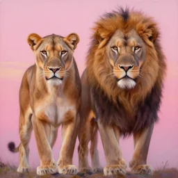 spiritual twin flame lioness and lion art pink sunset hue highly detailed oil painting hue by craig mullins