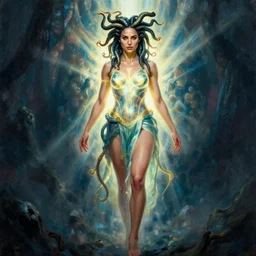 Full body photo of the beautiful woman Gal Gadot as Medusa the greek goddess, she is looking straight to the camera, she has a glow coming from her, she is getting illuminated for rays of light, behind her is a scary atmosphere, the photo was taking by Annie Leibovitz, matte painting, oil painting, naturalism, 4k, 8k