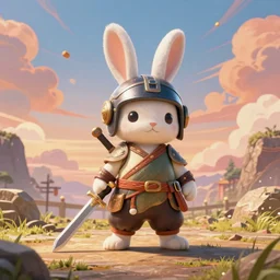bunny with helmet and sword an epic fantasy, wide shot, trending on artstation, masterpiece, by greg rutkowski, by ross tran, by fenghua zhong, octane, soft render, ultrarealistic, colorful, cinematic, horizon forbidden west