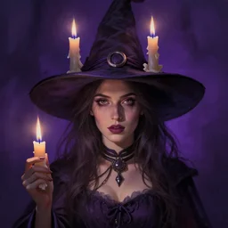 portrait of a witch with candles on her hat, whose flames are purple, by donato giancola and nikolay makovsky.