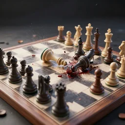 pieces on the chessboard staged a bloody massacre, ultra - quality, 3 d render, unreal engine 5