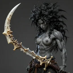 realistic art style, warrior girl, muscular girl, wild spiky black saiyan hair, long spiky hair, electrified hair, holding scimitar made of bone, scimitar, sword, jagged sword, curved sword, orkish sword, colorized, gray skin, hyper - detailed, primeval fantasy, prehistoric fantasy, art by jacques - louis david