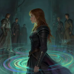 side portrait, imogen poots, paladin, fantasy, gloomhaven, luminescent, colorful swirly ripples, somber colors, by greg manchess, huang guangjian, gil elvgren, sachin teng, greg rutkowski, jesper ejsing, ilya kuvshinov