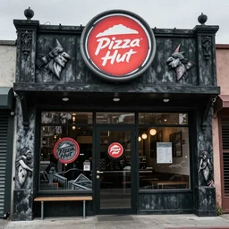 A photograph of the exterior of a dark fantasy Pizza Hut