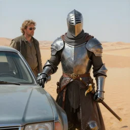 knight, desert, next to car, painting, detailed, realistic, complimentary - colors, light, by richard doyle, by robert hagan, by tim hildebrandt