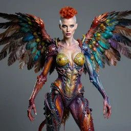 a portrait photograph of a redheaded shaved yvonne strahovski as a colorful harpy super hero with slimy mutated skin. she is trying on a amphibian organic catsuit and transforming into a feathered beast. by tom bagshaw, donato giancola, hans holbein, walton ford, gaston bussiere, peter mohrbacher and brian froud. 8 k, cgsociety