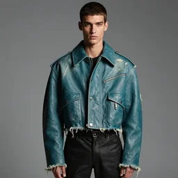 an award - winning editorial photo of a male model wearing a teal distressed baggy medieval cropped leather menswear jacket by alexander mcqueen, 4 k, studio lighting, 5 0 mm