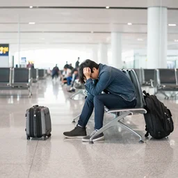 someone waiting endlessly at an airport, tired, no bags