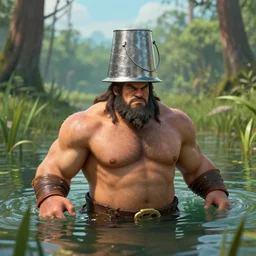 An extremely buff warrior emerging from the water of a swamp wearing a steel bucket on his head, unreal engine 5, octane render, cgsociety, trending on artstation