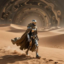 a cyborg dressed in a large cloak walking through a dangerous desert made, close up, intrincate by moebius, jean giraud & kilian eng moebius style
