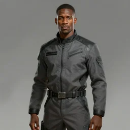Portrait of a black man by Greg Rutkowski, he is about 30 years old, short hair, manly, attractive, smart looking, tall and slim, he is wearing a utilitarian gray and black jumpsuit, highly detailed portrait, scifi, digital painting, artstation, concept art, smooth, sharp foccus ilustration, Artstation HQ