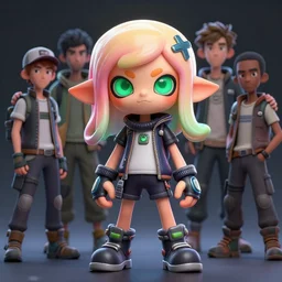 a beautiful fullbody portrait of a cute splatoon boy green eyes wearing cyberpunk clothes. character design by cory loftis, fenghua zhong, ryohei hase, ismail inceoglu and ruan jia. artstation, volumetric light, detailed, photorealistic, fantasy, rendered in octane