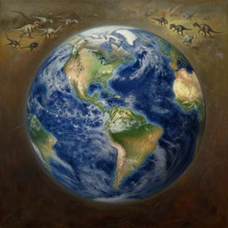 earth during the cretaceous – paleogene extinction event, just as the asteroid is colliding with earth, dinosaurs from that era panicing and running in the far background, in the style of hudson river school of art, oil on canvas
