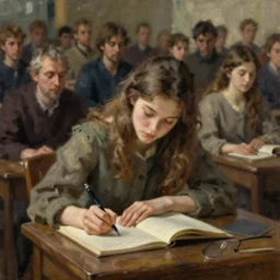a beautiful 8 k photorealistic masterpiece oil painting, lonely woman writing surrounded by a lot of people, hyperrealism, 1 6 k, trending on artstation