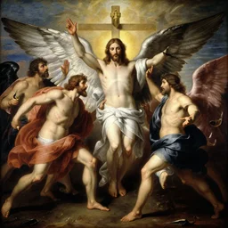 jesus christ commanding his angels to attack hell, dramatic classical painting