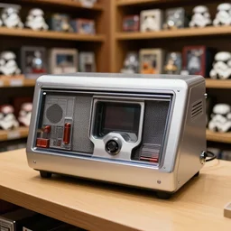 a well - lit, detailed museum archive rich color photograph of a star wars memory box by joseph cornell, containing a few action figures, some photographs, a star chart, a ticket stub, and a large lightsaber