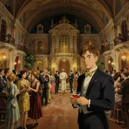 craig mullins and ghibli and james gurney detailed painting of a 1 9 2 0 s grand party in a beautiful mansion, vaulted ceiling, many partygoers, strong contrast, unreal engine, hyper realism, realistic shading, cinematic composition, realistic render, octane render, detailed textures, photorealistic, wide shot, 3 5 mm film
