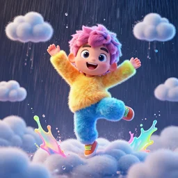 cartoon portrait made out of rain, dancing in the clouds with splashes of neon colors, rendered in octane, unreal engine, highly detailed, beautiful