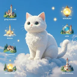 white cat made of clouds!!!, blue sky, infographic with illustrations!!!, glowing lights, epic fantasy, colorfully, digital art, highly saturated colors, concept art, detailed illustration, hd, 4 k, digital art, greg rutkowski, dan mumford, studio ghibli trending on artstation