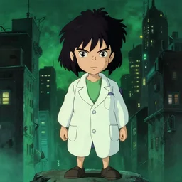 1 2 a full body portrait of a 1 9 9 0's disney girl grumpy detective wearing lab coat with short black hair with bun and fringes working in a paranormal city, finely detailed features, city, closeup, green light, grimdark, gapmoe yandere, trending on pixiv fanbox, painted by greg rutkowski makoto shinkai takashi takeuchi studio ghibli