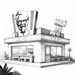 black and white line drawing of a post apocalyptic kfc restaurant, cubism, high quality