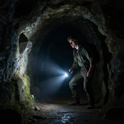 A man with a flashlight explores a Dungeon, luminous, artstation