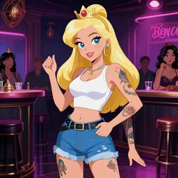 Princess Daisy with tattoos wearing trendy modern street-wear at a fancy club, art by Greg Hildebrandt