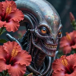 a stunning ultra detailed fantasy fine art portrait photo of a xenomorph from alien movie, by tom bagshaw, james jean and natalie shau, hibiscus flowers, 3 5 mm lens, golden ratio composition, deep depth of field, perfect eyes and face, cyberpunk, soft lighting, artstation, 8 k
