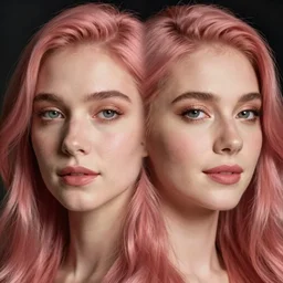 portrait of a woman, symmetrical face, pink hair, she has the beautiful calm face of her mother, slightly smiling, ambient light