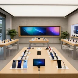 (many mobile phones and tablets on display. large tables. wood and concrete flagship retail interior. Samsung Microsoft Apple. empty stools, verdant plants, colorful digital screens) muted colors, wide shot, XF IQ4, 14mm, f/1.4, ISO 200, 1/160s, 8K, RAW, unedited, symmetrical balance, architectural photography