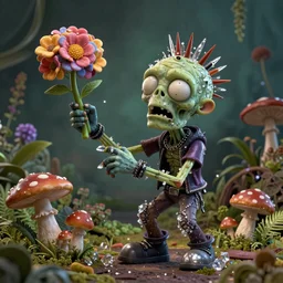 cartoonish portrait of a punk rock zombie turning into flowers fruit and mushrooms, botanical background, covered in crystals and glitter, atmospheric lighting, sculptural, highly intricate detail