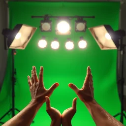 hands in front of a greenbox, photorealistic, studio lights